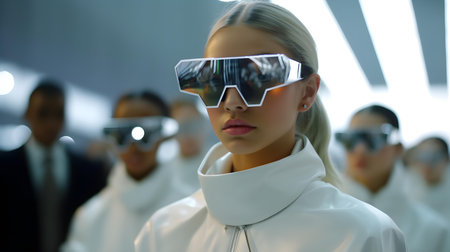 Portrait of a beautiful woman in white coat and 3D glassesの素材