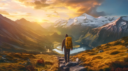 Hiking man with backpack standing on the top of the mountain and looking at the beautiful sunsetの素材