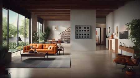 Interior of modern living room with white walls, concrete floor, comfortable orange sofa and coffee table. 3d renderingの素材