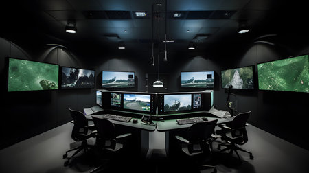 3D CG rendering of Inside a room with computer monitors and screensの素材