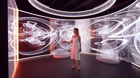 Woman in a room with futuristic technology concept. 3D renderingの素材