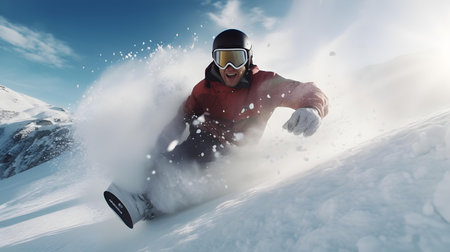 Snowboarder in helmet and goggles sliding downhill against blue sky with cloudsの素材