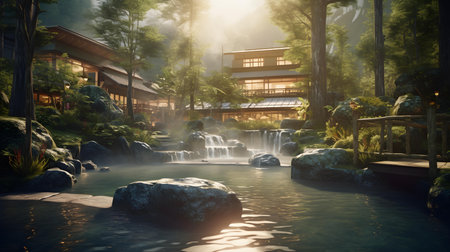 Japanese garden with a waterfall in the morning.3d rendering.