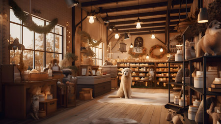 3d rendering of a dog in a shop window with christmas decorationsの素材