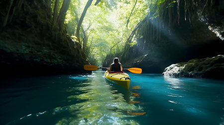 Woman paddling a kayak in the deep tropical forest on a sunny dayの素材