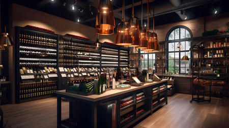 Wine shop interior with shelves of wine bottles in vintage style.の素材