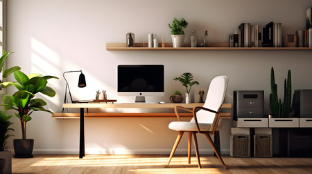 Modern workplace with computer on wooden desk. Workplace concept. 3D renderingの素材