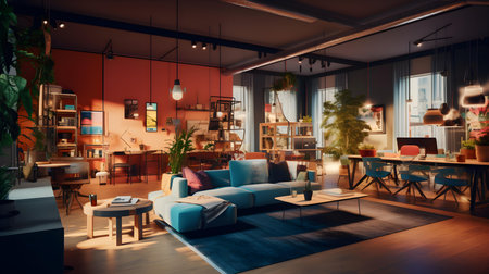Interior of a cafe with a blue sofa and a coffee tableの素材