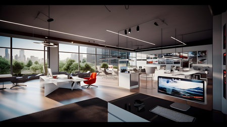 Interior of modern office with panoramic city view 3D renderingの素材
