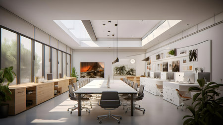 3d rendering modern open space office with white walls and wooden floorの素材