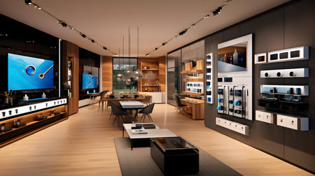3d rendering of home office and living room with tv on wallの素材