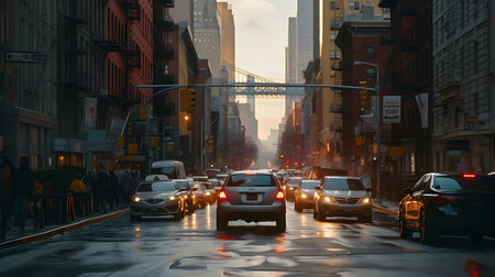 Traffic on the street in New York City at sunset, United Statesの素材