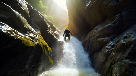 Climber reaching the top of a waterfall. 3D renderingの素材