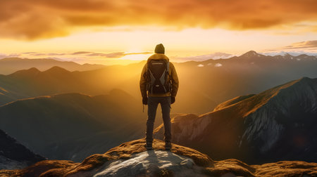 Hiker with backpack standing on top of a mountain and looking at sunsetの素材