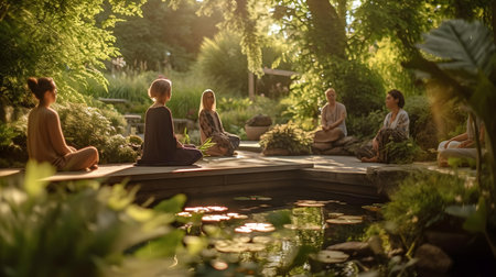 Group of women meditating in the garden at sunset. Selective focus.の素材