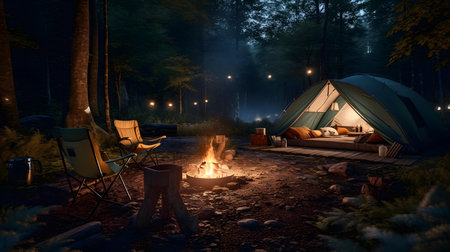 Camping in the forest at night with a bonfire and tentの素材