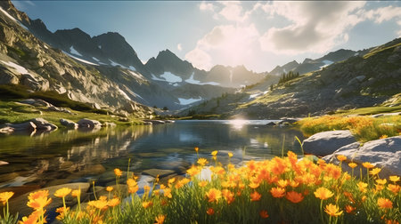 Panoramic view of the lake in the mountains with beautiful flowersの素材