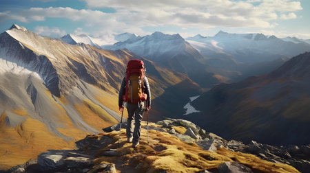 Hiker with a backpack on the top of a mountain in the mountainsの素材