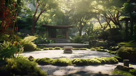 Japanese garden with a lot of green plants and trees. 3d renderingの素材
