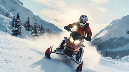 Snowmobile rider in the mountains. 3d rendering. Computer digital drawing.の素材