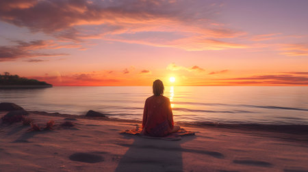 Silhouette of a woman meditating on the beach at sunsetの素材