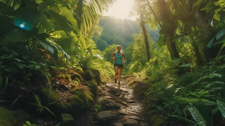 Young woman running on a path in the rainforest of Baliの素材