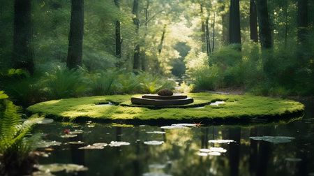 Fantasy landscape with pond and trees in the forest. 3d renderingの素材