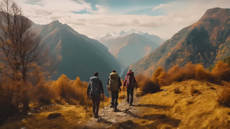 Hiking in the Himalayas. A group of hikers walk along the path.の素材
