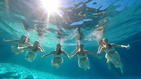 Underwater view of a group of mermaids swimming in the oceanの素材