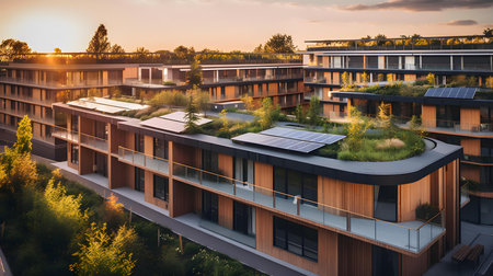 Modern apartment buildings with solar panels on the roof at sunset. Alternative energy source.の素材