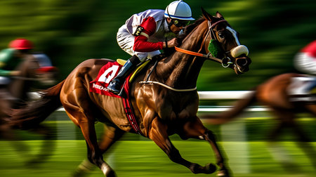Jockeys on race horses in motion blur. Motion blur.の素材