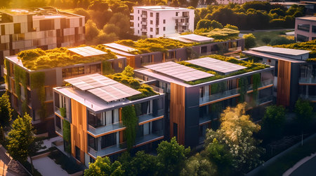Modern apartment buildings with solar panels on the roof. Renewable energy conceptの素材