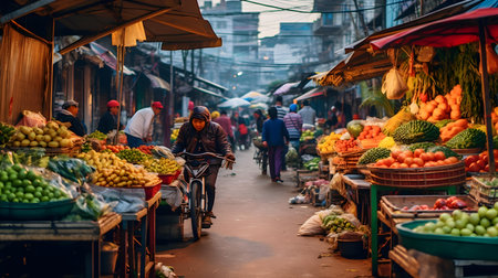 Street market in Hanoi, Vietnam. Hanoi is the capital and largest city of Vietnam.の素材