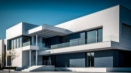 Modern white house with a blue sky. 3d rendering mockupの素材