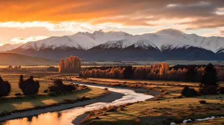 Beautiful view of New Zealand alps and river at sunset.の素材