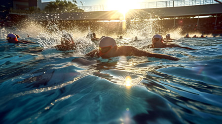 Group of young people swimming front crawl stroke style in the swimming poolの素材
