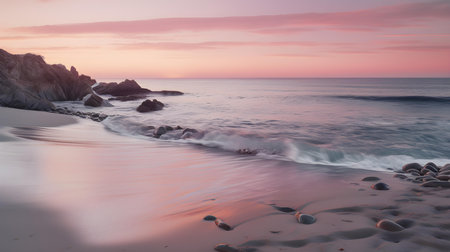 Beach at sunset, long exposure shot with a slow shutter speedの素材