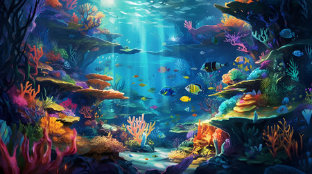 Underwater scene with coral reef and tropical fishes. 3d renderingの素材