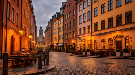 Old town of Gamla Stan in Stockholm at night, Sweden.の素材