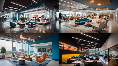 Collage of modern office interior. 3D rendering. 3D illustrationの素材