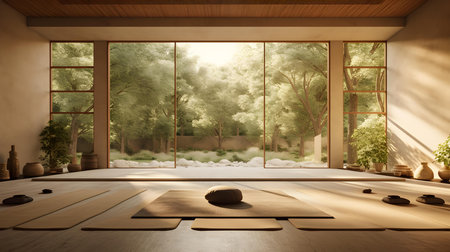 Interior of a modern yoga studio with a large window. 3d renderingの素材