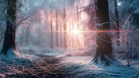 Mysterious winter forest at sunset. Magical winter forest with snow covered treesの素材