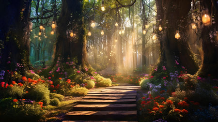 Beautiful fantasy landscape with path in the forest. 3d renderingの素材