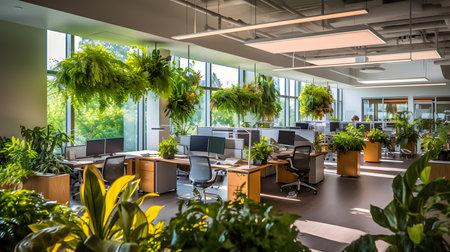Interior of a modern office with a lot of plants and furnitureの素材