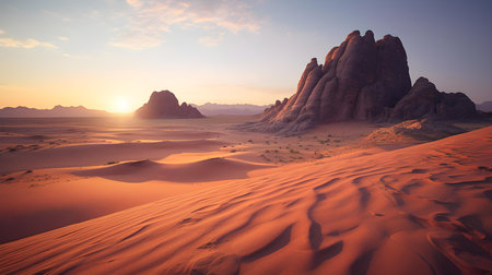 Wadi Rum desert in Jordan, Middle East. Sunrise over sand dunesの素材