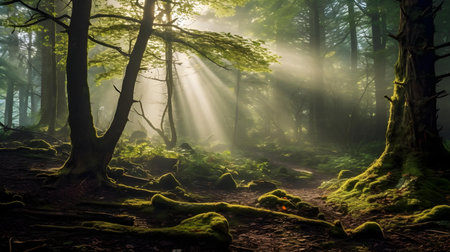 Mysterious forest with sunbeams shining through tree trunksの素材