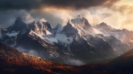 Mountain landscape with snow-capped peaks at sunset in autumnの素材
