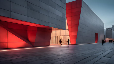 Modern office building with red glass facade and people silhouettes at nightの素材