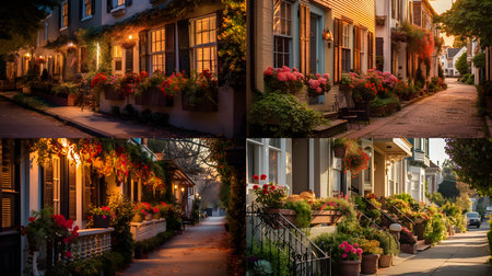 Collage of cozy street in Washington DC at night. UNITED STATES.の素材