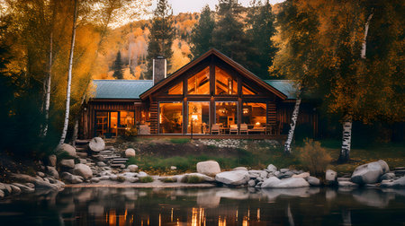 Wooden house on the bank of a mountain river at sunset.の素材